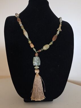 Beaded Tassel Necklace in Green and Gold